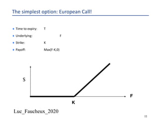 Luc_Faucheux_2020
11
The simplest option: European Call!
¨ Time to expiry: T
¨ Underlying: F
¨ Strike: K
¨ Payoff: Max(F-K,0)
$
F
K
 