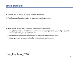 Luc_Faucheux_2020
117
Smile premium
¨ A trader will be willing to pay up for an OTM option
¨ Vega hedging allows the trader to capture the smile premium.
¨ Note : this is almost identical to the regular option premium :
– An option exhibits positive Gamma everywhere : being long an option, we will get longer the
market as it rallies, shorter as it sells off.
– Delta hedging allows the trader to capture the option premium over time.
– Option premium is maximum for ATM options (maximum Gamma).
 