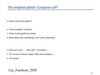 Luc_Faucheux_2020
12
The simplest option: European call?
¨ How to price this option?
¨ Time to expiry T is known.
¨ Strike K and payoff are known.
¨ What about the underlying F, can I price a forward?
¨ Discount curve: D(T), D(T + 3 months), …
¨ à I can price bonds, swaps, FRAs, zero-coupons, ….
¨ à I know F.
 