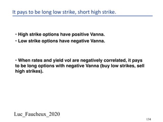 Luc_Faucheux_2020
134
It pays to be long low strike, short high strike.
• High strike options have positive Vanna.
• Low strike options have negative Vanna.
• When rates and yield vol are negatively correlated, it pays
to be long options with negative Vanna (buy low strikes, sell
high strikes).
 