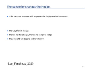 Luc_Faucheux_2020
142
The convexity changes the Hedge.
¨ If the structure is convex with respect to the simpler market instruments..
¨ The weights will change.
¨ There is no static hedge, there is no complete hedge.
¨ The price of S will depend on the volatility!
 