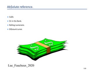 Luc_Faucheux_2020
144
Ab$olute reference.
¨ Ca$h.
¨ $1 in the Bank.
¨ Rolling numeraire.
¨ Di$count curve.
 