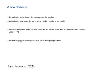 Luc_Faucheux_2020
A Few Remarks
¨ Delta hedging eliminates the exposure to the market
¨ Delta hedging reduces the variance of the PL, not the expected PL
¨ Once we know the Delta, we can calculate the option price (this is what Black and Scholes
did in 1973)
¨ Delta hedging generates positive PL when being long Gamma
 