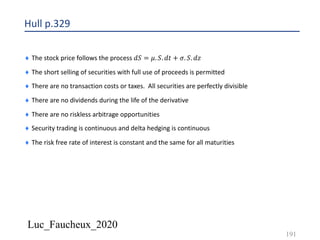 Luc_Faucheux_2020
Hull p.329
¨ The stock price follows the process 𝑑𝑆 = 𝜇. 𝑆. 𝑑𝑡 + 𝜎. 𝑆. 𝑑𝑧
¨ The short selling of securities with full use of proceeds is permitted
¨ There are no transaction costs or taxes. All securities are perfectly divisible
¨ There are no dividends during the life of the derivative
¨ There are no riskless arbitrage opportunities
¨ Security trading is continuous and delta hedging is continuous
¨ The risk free rate of interest is constant and the same for all maturities
191
 