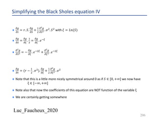 Luc_Faucheux_2020
Simplifying the Black Sholes equation IV
¨
!/
!0
= 𝑟. 𝑆.
!/
!)
+
&
'
!!/
!)! . 𝜎'. 𝑆' with 𝜉 = 𝐿𝑛(𝑆)
¨
!/
!)
=
!/
!1
.
&
)
=
!/
!1
. 𝑒*1
¨
!!/
!)! = −
!/
!1
. 𝑒*'1 +
!!/
!1! . 𝑒*'1
¨
!/
!0
= (𝑟 −
&
'
. 𝜎').
!/
!1
+
&
'
!!/
!1! . 𝜎'
¨ Note that this is a little more nicely symmetrical around 0 as if 𝑆 ∈ [0, +∞] we now have
ξ ∈ [−∞, +∞]
¨ Note also that now the coefficients of this equation are NOT function of the variable ξ
¨ We are certainly getting somewhere
206
 