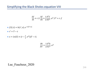 Luc_Faucheux_2020
Simplifying the Black Sholes equation VIII
𝜕𝑓
𝜕𝑡
+ 𝑟. 𝑆.
𝜕𝑓
𝜕𝑆
+
1
2
𝜕' 𝑓
𝜕𝑆' . 𝜎'. 𝑆' = 𝑟. 𝑓
¨ 𝑓 𝑆, 𝑡 = ℎ 𝜏3, 𝑥 . 𝑒*+(-*#)
¨ 𝜏′ = 𝑇 − 𝑡
¨ 𝑥 = 𝐿𝑛 𝑆 + (𝑟 −
&
'
. 𝜎')(𝑇 − 𝑡)
𝜕ℎ
𝜕𝜏′
=
1
2
𝜕'ℎ
𝜕𝑥' . 𝜎'
210
 