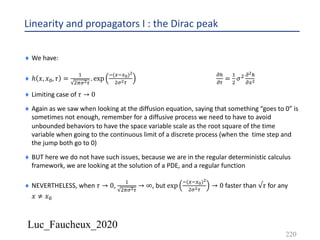 Luc_Faucheux_2020
Linearity and propagators I : the Dirac peak
220
¨ We have:
¨ ℎ 𝑥, 𝑥2, 𝜏 =
&
'=%!0
. exp
*(4*4C)!
'%!0
!5
!0
=
&
'
𝜎' !!5
!4!
¨ Limiting case of 𝜏 → 0
¨ Again as we saw when looking at the diffusion equation, saying that something “goes to 0” is
sometimes not enough, remember for a diffusive process we need to have to avoid
unbounded behaviors to have the space variable scale as the root square of the time
variable when going to the continuous limit of a discrete process (when the time step and
the jump both go to 0)
¨ BUT here we do not have such issues, because we are in the regular deterministic calculus
framework, we are looking at the solution of a PDE, and a regular function
¨ NEVERTHELESS, when 𝜏 → 0,
&
'=%!0
→ ∞, but exp
*(4*4C)!
'%!0
→ 0 faster than √𝜏 for any
𝑥 ≠ 𝑥2
 
