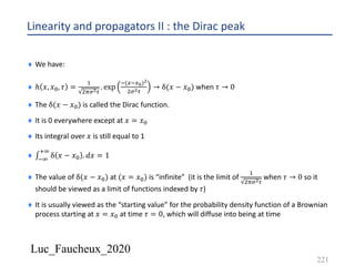 Luc_Faucheux_2020
Linearity and propagators II : the Dirac peak
221
¨ We have:
¨ ℎ 𝑥, 𝑥2, 𝜏 =
&
'=%!0
. exp
*(4*4C)!
'%!0
→ δ(𝑥 − 𝑥2) when 𝜏 → 0
¨ The δ(𝑥 − 𝑥2) is called the Dirac function.
¨ It is 0 everywhere except at 𝑥 = 𝑥2
¨ Its integral over 𝑥 is still equal to 1
¨ ∫*9
:9
δ 𝑥 − 𝑥2 . 𝑑𝑥 = 1
¨ The value of δ(𝑥 − 𝑥2) at (𝑥 = 𝑥2) is “infinite” (it is the limit of
&
'=%!0
when 𝜏 → 0 so it
should be viewed as a limit of functions indexed by 𝜏)
¨ It is usually viewed as the “starting value” for the probability density function of a Brownian
process starting at 𝑥 = 𝑥2 at time 𝜏 = 0, which will diffuse into being at time
 