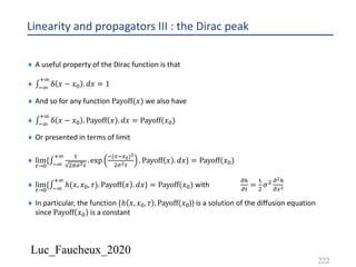 Luc_Faucheux_2020
Linearity and propagators III : the Dirac peak
222
¨ A useful property of the Dirac function is that
¨ ∫*9
:9
δ 𝑥 − 𝑥2 . 𝑑𝑥 = 1
¨ And so for any function Payoff(𝑥) we also have
¨ ∫*9
:9
δ 𝑥 − 𝑥2 . Payoff 𝑥 . 𝑑𝑥 = Payoff(𝑥2)
¨ Or presented in terms of limit
¨ lim
0→2
{∫*9
:9 &
'=%!0
. exp
*(4*4C)!
'%!0
. Payoff 𝑥 . 𝑑𝑥} = Payoff(𝑥2)
¨ lim
0→2
{∫*9
:9
ℎ(𝑥, 𝑥2, 𝜏). Payoff 𝑥 . 𝑑𝑥} = Payoff(𝑥2) with
!5
!0
=
&
'
𝜎' !!5
!4!
¨ In particular, the function {ℎ 𝑥, 𝑥2, 𝜏 . Payoff(𝑥2)} is a solution of the diffusion equation
since Payoff 𝑥2 is a constant
 