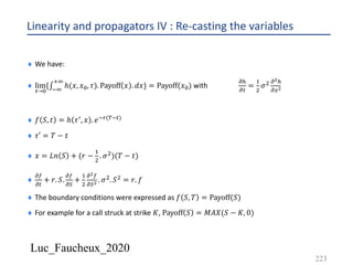 Luc_Faucheux_2020
Linearity and propagators IV : Re-casting the variables
223
¨ We have:
¨ lim
0→2
{∫*9
:9
ℎ(𝑥, 𝑥2, 𝜏). Payoff 𝑥 . 𝑑𝑥} = Payoff(𝑥2) with
!5
!0
=
&
'
𝜎' !!5
!4!
¨ 𝑓 𝑆, 𝑡 = ℎ 𝜏3, 𝑥 . 𝑒*+(-*#)
¨ 𝜏′ = 𝑇 − 𝑡
¨ 𝑥 = 𝐿𝑛 𝑆 + (𝑟 −
&
'
. 𝜎')(𝑇 − 𝑡)
¨
!(
!#
+ 𝑟. 𝑆.
!(
!)
+
&
'
!!(
!)! . 𝜎'. 𝑆' = 𝑟. 𝑓
¨ The boundary conditions were expressed as 𝑓 𝑆, 𝑇 = Payoff(𝑆)
¨ For example for a call struck at strike 𝐾, Payoff 𝑆 = 𝑀𝐴𝑋(𝑆 − 𝐾, 0)
 