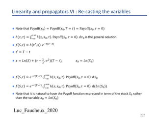 Luc_Faucheux_2020
Linearity and propagators VI : Re-casting the variables
225
¨ Note that Payoff 𝑥2 = Payoff 𝑥2, 𝑇 = 𝑡 = Payoff(𝑥2, 𝜏 = 0)
¨ ℎ(𝑥, 𝜏) = ∫*9
:9
ℎ 𝑥, 𝑥2, 𝜏 . Payoff 𝑥2, 𝜏 = 0 . 𝑑𝑥2 is the general solution
¨ 𝑓 𝑆, 𝑡 = ℎ 𝜏3, 𝑥 . 𝑒*+(-*#)
¨ 𝜏′ = 𝑇 − 𝑡
¨ 𝑥 = 𝐿𝑛 𝑆 + (𝑟 −
&
'
. 𝜎')(𝑇 − 𝑡), 𝑥2 = 𝐿𝑛 𝑆2
¨ 𝑓 𝑆, 𝑡 = 𝑒*+(-*#). ∫*9
:9
ℎ 𝑥, 𝑥2, 𝜏 . Payoff 𝑥2, 𝜏 = 0 . 𝑑𝑥2
¨ 𝑓 𝑆, 𝑡 = 𝑒*+(-*#). ∫*9
:9
ℎ 𝑥, 𝑥2, 𝜏 . Payoff 𝑆2, 𝜏 = 0 . 𝑑(𝐿𝑛(𝑆2))
¨ Note that it is natural to have the Payoff function expressed in term of the stock 𝑆2 rather
than the variable 𝑥2 = 𝐿𝑛 𝑆2
 