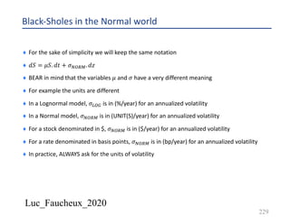 Luc_Faucheux_2020
Black-Sholes in the Normal world
¨ For the sake of simplicity we will keep the same notation
¨ 𝑑𝑆 = 𝜇𝑆. 𝑑𝑡 + 𝜎DFGH. 𝑑𝑧
¨ BEAR in mind that the variables 𝜇 and 𝜎 have a very different meaning
¨ For example the units are different
¨ In a Lognormal model, 𝜎AFI is in (%/year) for an annualized volatility
¨ In a Normal model, 𝜎DFGH is in (UNIT(S)/year) for an annualized volatility
¨ For a stock denominated in $, 𝜎DFGH is in ($/year) for an annualized volatility
¨ For a rate denominated in basis points, 𝜎DFGH is in (bp/year) for an annualized volatility
¨ In practice, ALWAYS ask for the units of volatility
229
 