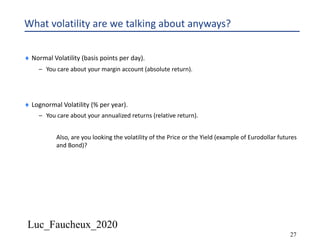 Luc_Faucheux_2020
27
What volatility are we talking about anyways?
¨ Normal Volatility (basis points per day).
– You care about your margin account (absolute return).
¨ Lognormal Volatility (% per year).
– You care about your annualized returns (relative return).
Also, are you looking the volatility of the Price or the Yield (example of Eurodollar futures
and Bond)?
 