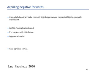 Luc_Faucheux_2020
45
Avoiding negative forwards.
¨ Instead of choosing F to be normally distributed, we can choose Ln(F) to be normally
distributed.
¨ Ln(F) is Normally distributed.
¨ F is LogNormally distributed.
¨ Lognormal model.
¨ Case Sprenkle (1961).
 