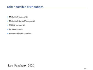 Luc_Faucheux_2020
49
Other possible distributions.
¨ Mixture of Lognormal.
¨ Mixture of Normal/Lognormal.
¨ Shifted Lognormal.
¨ Jump processes.
¨ Constant Elasticity models.
 