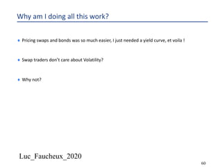 Luc_Faucheux_2020
60
Why am I doing all this work?
¨ Pricing swaps and bonds was so much easier, I just needed a yield curve, et voila !
¨ Swap traders don’t care about Volatility?
¨ Why not?
 