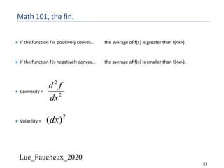 Luc_Faucheux_2020
83
Math 101, the fin.
¨ If the function f is positively convex… the average of f(x) is greater than f(<x>).
¨ If the function f is negatively convex… the average of f(x) is smaller than f(<x>).
¨ Convexity =
¨ Volatility =
2
2
dx
fd
2
)(dx
 