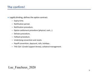 Luc_Faucheux_2020
9
The confirm!
¨ Legally binding, defines the option contract.
– Expiry time.
– Notification period.
– Notification procedure.
– Option settlement procedure (physical, cash,..).
– Delivery procedure.
– Fallback procedure.
– Underlying convention and resets.
– Payoff convention, daycount, rolls, holidays..
– THE CSA ! (Credit Support Annex), collateral management.
 