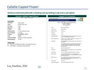 Luc_Faucheux_2020
Callable Capped Floater
Achieve enhanced yield with a floating rate by selling a cap and a call option
TitleTitleTitle10nc6mo Callable Capped Floater Sample CCF Termsheet
3mL + 72bps, 6.50% Cap
Note Details:
Structure: 10yr nc 6mo
Issuer: FHLB (AAA/Aaa)
Currency: USD
Deal Size: TBD
CUSIP: TBD
Maturity Date: 10 years (subject to call)
First Call Date: 6 months
Coupon: 3m LIBOR + 0.72%
Cap: 6.50%
Frequency/Basis: Quarterly, 30/360, unadjusted
Denominations: $1,000
Selling Points:
u Forward 3m LIBOR plus 72bps is still 38bps below cap
u Picks 40bps to comparable maturity bullets
29 103
 