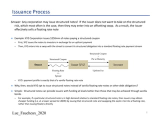 Luc_Faucheux_2020
Issuance Process
Answer: Any corporation may issue structured notes! If the issuer does not want to take on the structured
risk, which most often is the case, then they may enter into an offsetting swap. As a result, the issuer
effectively sells a floating rate note
¨ Example: XYZ Corporation issues $250mm of notes paying a structured coupon
– First, XYZ issues the notes to investors in exchange for an upfront payment
– Then, XYZ enters into a swap with the street to convert its structured obligation into a standard floating rate payment stream
Street Issuer XYZ
Structured Coupon
Floating Rate
+/-
Spread
Investor
Structured Coupon
+
Par at Maturity
Upfront Fee
– XYZ’s payment profile is exactly that of a vanilla floating rate note
¨ Why, then, would XYZ opt to issue structured notes instead of vanilla floating rate notes or other debt obligations?
¨ Simple: Structured notes can provide issuers with funding at levels better than those that may be achieved through vanilla
bonds
– For example, if a particular structured note is in high demand relative to standard floating rate notes, then issuers may obtain
cheaper funding (i.e. at a lower spread to LIBOR) by issuing that structured note and swapping the exotic risk into a floating rate,
rather than issuing floaters directly
5
 