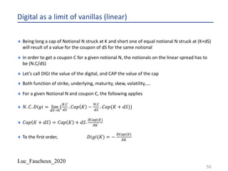 Luc_Faucheux_2020
Digital as a limit of vanillas (linear)
¨ Being long a cap of Notional N struck at K and short one of equal notional N struck at (K+dS)
will result of a value for the coupon of dS for the same notional
¨ In order to get a coupon C for a given notional N, the notionals on the linear spread has to
be (N.C/dS)
¨ Let’s call DIGI the value of the digital, and CAP the value of the cap
¨ Both function of strike, underlying, maturity, skew, volatility,….
¨ For a given Notional N and coupon C, the following applies
¨ 𝑁. 𝐶. 𝐷𝑖𝑔𝑖 = lim
&'→)
{
*.,
&'
. 𝐶𝑎𝑝 𝐾 −
*.,
&'
. 𝐶𝑎𝑝(𝐾 + 𝑑𝑆)}
¨ 𝐶𝑎𝑝 𝐾 + 𝑑𝑆 = 𝐶𝑎𝑝 𝐾 + 𝑑𝑆.
#,-.(0)
#0
¨ To the first order, 𝐷𝑖𝑔𝑖(𝐾) = −
#,-.(0)
#0
50
 