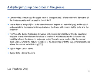 Luc_Faucheux_2020
A digital jumps up one order in the greeks
¨ Compared to a linear cap, the digital value is the opposite (-) of the first order derivative of
the linear cap value with respect to the strike K
¨ So the delta of a digital (first order derivative with respect to the underlying) will be equal
and opposite to the second order derivative of the linear with respect to the strike and the
underlier
¨ The Vega of a digital (first order derivative with respect to volatility) will be be equal and
opposite to the second order derivative of the linear with respect to the strike and the
volatility (almost the Vanna, in fact equal to the Vanna in some models, like the normal
Black-Sholes, where the natural variable is (F-K), to contrast with the lognormal Black-Sholes
where the natural variable is Log(F/K))
¨ Digital Vega = Linear Vanna
¨ Digital Delta = Linear Gamma
51
 