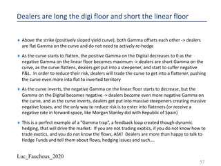 Luc_Faucheux_2020
Dealers are long the digi floor and short the linear floor
¨ Above the strike (positively sloped yield curve), both Gamma offsets each other -> dealers
are flat Gamma on the curve and do not need to actively re-hedge
¨ As the curve starts to flatten, the positive Gamma on the Digital decreases to 0 as the
negative Gamma on the linear floor becomes maximum -> dealers are short Gamma on the
curve, as the curve flattens, dealers get put into a steepener, and start to suffer negative
P&L. In order to reduce their risk, dealers will trade the curve to get into a flattener, pushing
the curve even more into flat to inverted territory
¨ As the curve inverts, the negative Gamma on the linear floor starts to decrease, but the
Gamma on the Digital becomes negative -> dealers become even more negative Gamma on
the curve, and as the curve inverts, dealers get put into massive steepeners creating massive
negative losses, and the only way to reduce risk is to enter into flateners (or receive a
negative rate in forward space, like Morgan Stanley did with Republic of Spain)
¨ This is a perfect example of a ”Gamma trap”, a feedback loop created though dynamic
hedging, that will drive the market. If you are not trading exotics, if you do not know how to
trade exotics, and you do not know the flows, ASK! Dealers are more than happy to talk to
Hedge Funds and tell them about flows, hedging issues and such….
57
 