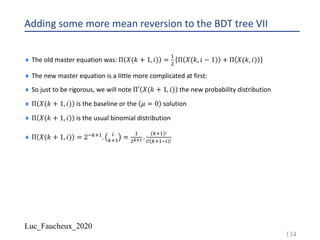 Luc_Faucheux_2020
Adding some more mean reversion to the BDT tree VII
¨ The old master equation was: Π 𝑋(𝑘 + 1, 𝑖) =
!
"
Π 𝑋(𝑘, 𝑖 − 1) + Π 𝑋(𝑘, 𝑖)
¨ The new master equation is a little more complicated at first:
¨ So just to be rigorous, we will note Π′ 𝑋(𝑘 + 1, 𝑖) the new probability distribution
¨ Π 𝑋(𝑘 + 1, 𝑖) is the baseline or the 𝜇 = 0 solution
¨ Π 𝑋(𝑘 + 1, 𝑖) is the usual binomial distribution
¨ Π 𝑋(𝑘 + 1, 𝑖) = 2-12!. )
12! =
!
"&H! .
(12!)!
)! 12!-) !
134
 