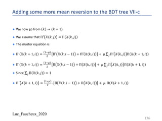 Luc_Faucheux_2020
Adding some more mean reversion to the BDT tree VII-c
¨ We now go from 𝑘 → (𝑘 + 1)
¨ We assume that Π@ 𝑋 𝑘, 𝑗 = Π 𝑋(𝑘, 𝑗)
¨ The master equation is
¨ Π′ 𝑋(𝑘 + 1, 𝑖) =
!-I
"
Π′ 𝑋 𝑘, 𝑖 − 1 + Π′ 𝑋(𝑘, 𝑖) + 𝜇 ∑* Π′ 𝑋 𝑘, 𝑗 Π 𝑋(𝑘 + 1, 𝑖)
¨ Π′ 𝑋(𝑘 + 1, 𝑖) =
!-I
"
Π 𝑋 𝑘, 𝑖 − 1 + Π 𝑋(𝑘, 𝑖) + 𝜇 ∑* Π 𝑋 𝑘, 𝑗 Π 𝑋(𝑘 + 1, 𝑖)
¨ Since ∑* Π 𝑋(𝑘, 𝑗) = 1
¨ Π@ 𝑋 𝑘 + 1, 𝑖 =
!-I
"
. Π 𝑋 𝑘, 𝑖 − 1 + Π 𝑋 𝑘, 𝑖 + 𝜇. Π 𝑋(𝑘 + 1, 𝑖)
136
 