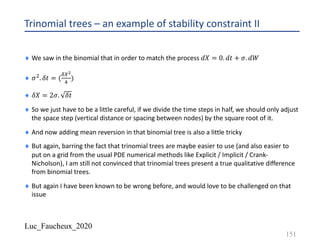 Luc_Faucheux_2020
Trinomial trees – an example of stability constraint II
¨ We saw in the binomial that in order to match the process 𝑑𝑋 = 0. 𝑑𝑡 + 𝜎. 𝑑𝑊
¨ 𝜎". 𝛿𝑡 = (
89+
:
)
¨ 𝛿𝑋 = 2𝜎. 𝛿𝑡
¨ So we just have to be a little careful, if we divide the time steps in half, we should only adjust
the space step (vertical distance or spacing between nodes) by the square root of it.
¨ And now adding mean reversion in that binomial tree is also a little tricky
¨ But again, barring the fact that trinomial trees are maybe easier to use (and also easier to
put on a grid from the usual PDE numerical methods like Explicit / Implicit / Crank-
Nicholson), I am still not convinced that trinomial trees present a true qualitative difference
from binomial trees.
¨ But again I have been known to be wrong before, and would love to be challenged on that
issue
151
 