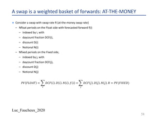 Luc_Faucheux_2020
A swap is a weighted basket of forwards: AT-THE-MONEY
¨ Consider a swap with swap rate R (at-the-money swap rate)
– Nfloat periods on the Float side with forecasted forward f(i)
– indexed by i, with
– daycount fraction DCF(i),
– discount D(i)
– Notional N(i)
– Nfixed periods on the Fixed side,
– indexed by j, with
– daycount fraction DCF(j),
– discount D(j)
– Notional N(j)
𝑃𝑉 𝐹𝐿𝑂𝐴𝑇 = )
,
𝐷𝐶𝐹 𝑖 . 𝐷 𝑖 . 𝑁 𝑖 . 𝑓 𝑖 = )
-
𝐷𝐶𝐹 𝑗 . 𝐷 𝑗 . 𝑁 𝑗 . 𝑅 = 𝑃𝑉(𝐹𝐼𝑋𝐸𝐷)
58
 