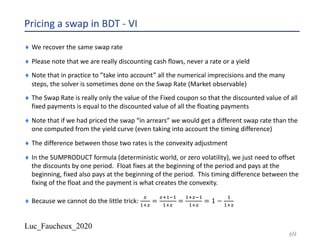 Luc_Faucheux_2020
Pricing a swap in BDT - VI
¨ We recover the same swap rate
¨ Please note that we are really discounting cash flows, never a rate or a yield
¨ Note that in practice to ”take into account” all the numerical imprecisions and the many
steps, the solver is sometimes done on the Swap Rate (Market observable)
¨ The Swap Rate is really only the value of the Fixed coupon so that the discounted value of all
fixed payments is equal to the discounted value of all the floating payments
¨ Note that if we had priced the swap “in arrears” we would get a different swap rate than the
one computed from the yield curve (even taking into account the timing difference)
¨ The difference between those two rates is the convexity adjustment
¨ In the SUMPRODUCT formula (deterministic world, or zero volatility), we just need to offset
the discounts by one period. Float fixes at the beginning of the period and pays at the
beginning, fixed also pays at the beginning of the period. This timing difference between the
fixing of the float and the payment is what creates the convexity.
¨ Because we cannot do the little trick:
'
!2'
=
'2!-!
!2'
=
!2'-!
!2'
= 1 −
!
!2'
69
 