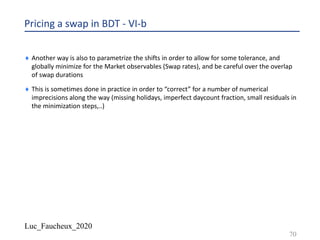 Luc_Faucheux_2020
Pricing a swap in BDT - VI-b
¨ Another way is also to parametrize the shifts in order to allow for some tolerance, and
globally minimize for the Market observables (Swap rates), and be careful over the overlap
of swap durations
¨ This is sometimes done in practice in order to “correct” for a number of numerical
imprecisions along the way (missing holidays, imperfect daycount fraction, small residuals in
the minimization steps,..)
70
 