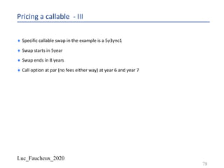 Luc_Faucheux_2020
Pricing a callable - III
¨ Specific callable swap in the example is a 5y3ync1
¨ Swap starts in 5year
¨ Swap ends in 8 years
¨ Call option at par (no fees either way) at year 6 and year 7
78
 