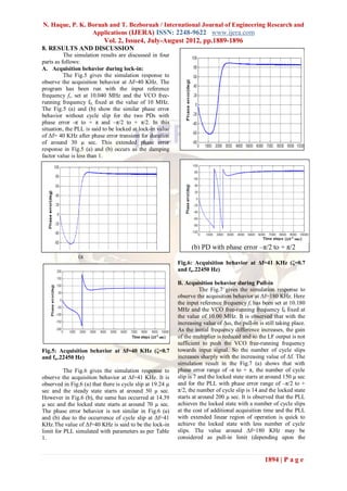 N. Haque, P. K. Boruah and T. Bezboruah / International Journal of Engineering Research and
                 Applications (IJERA) ISSN: 2248-9622 www.ijera.com
                           Vol. 2, Issue4, July-August 2012, pp.1889-1896
8. RESULTS AND DISCUSSION
          The simulation results are discussed in four
parts as follows:
A. Acquisition behavior during lock-in:
          The Fig.5 gives the simulation response to
observe the acquisition behavior at Δf=40 KHz. The
program has been run with the input reference
frequency fi , set at 10.040 MHz and the VCO free-
running frequency f0, fixed at the value of 10 MHz.
The Fig.5 (a) and (b) show the similar phase error
behavior without cycle slip for the two PDs with
phase error -π to + π and –π/2 to + π/2. In this
situation, the PLL is said to be locked at lock-in value
of Δf= 40 KHz after phase error transient for duration
of around 30 µ sec. This extended phase error
response in Fig.5 (a) and (b) occurs as the damping
factor value is less than 1.

                                                               (b) PD with phase error range –π/2 to +
                                                               π/2




                                                                  (b) PD with phase error –π/2 to + π/2
                (a
                                                            Fig.6: Acquisition behavior at Δf=41 KHz (ζ=0.7
                                                            and fn=22450 Hz)
 (a) PD with phase error range -π to + π
                                                            B. Acquisition behavior during Pull-in
                                                                      The Fig.7 gives the simulation response to
                                                            observe the acquisition behavior at Δf=180 KHz. Here
                                                            the input reference frequency fi has been set at 10.180
                                                            MHz and the VCO free-running frequency f0 fixed at
                                                            the value of 10.00 MHz. It is observed that with the
                                                            increasing value of Δω, the pull-in is still taking place.
                                                            As the initial frequency difference increases, the gain
                                                            of the multiplier is reduced and so the LF output is not
                                                            sufficient to push the VCO free-running frequency
    (a) PD with phase error -π to + π
Fig.5: Acquisition behavior at Δf=40 KHz (ζ=0.7             towards input signal. So the number of cycle slips
and fn=22450 Hz)                                            increases sharply with the increasing value of Δf. The
                                                            simulation result in the Fig.7 (a) shows that with
          The Fig.6 gives the simulation response to        phase error range of -π to + π, the number of cycle
observe the acquisition behavior at Δf=41 KHz. It is        slip is 7 and the locked state starts at around 150 µ sec
observed in Fig.6 (a) that there is cycle slip at 19.24 µ   and for the PLL with phase error range of –π/2 to +
sec and the steady state starts at around 50 µ sec.         π/2, the number of cycle slip is 14 and the locked state
However in Fig.6 (b), the same has occurred at 14.39        starts at around 200 µ sec. It is observed that the PLL
µ sec and the locked state starts at around 70 µ sec.       achieves the locked state with a number of cycle slips
The phase error behavior is not similar in Fig.6 (a)        at the cost of additional acquisition time and the PLL
and (b) due to the occurrence of cycle slip at Δf=41        with extended linear region of operation is quick to
KHz.The value of Δf=40 KHz is said to be the lock-in        achieve the locked state with less number of cycle
limit for PLL simulated with parameters as per Table        slips. The value around Δf=180 KHz may be
1.                                                          considered as pull-in limit (depending upon the


                                                                                                   1894 | P a g e
 