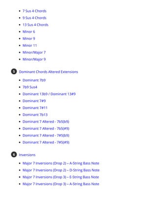 7 Sus 4 Chords
9 Sus 4 Chords
13 Sus 4 Chords
Minor 6
Minor 9
Minor 11
Minor/Major 7
Minor/Major 9
Dominant Chords Altered Extensions
Dominant 7b9
7b9 Sus4
Dominant 13b9 / Dominant 13#9
Dominant 7#9
Dominant 7#11
Dominant 7b13
Dominant 7 Altered - 7b5(b9)
Dominant 7 Altered - 7b5(#9)
Dominant 7 Altered - 7#5(b9)
Dominant 7 Altered - 7#5(#9)
5
Inversions
Major 7 Inversions (Drop 2) – A-String Bass Note
Major 7 Inversions (Drop 2) – D-String Bass Note
Major 7 Inversions (Drop 3) – E-String Bass Note
Major 7 Inversions (Drop 3) – A-String Bass Note
6
 