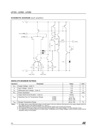 LF153 - LF253 - LF353
SCHEMATIC DIAGRAM (each amplifier)
VCC

input
Non-inverting
input
Inverting
100 Ω

200 Ω
Output

100 Ω
30k

8.2k

1.3 k

35k

1.3k

35k

100 Ω

VCC
Offs e t Null1

Offse t Null2

ABSOLUTE MAXIMUM RATINGS
Symbol

Parameter

Value

Unit

Supply Voltage - (note 1)

±18

V

Vi

Input Voltage - (note 3)

±15

V

Vid

Differential Input Voltage - (note 2)

±30

V

Ptot

Power Dissipation

680

mW

VCC

Output Short-circuit Duration - (note 4)
Toper

Operating Free Air Temperature Range

Tstg

Storage Temperature Range

Notes :

2/9

Infinite
LF353
LF253
LF153

0 to 70
–40 to 105
–55 to 125

o

–65 to 150

o

C

C

1. All voltage values, except differential voltage, are with respect to the zero reference level (ground) of the supply voltages where the
zero reference level is the midpoint between VCC+ and VCC–.
2. Differential voltages are at the non-inverting input terminal with respect to the inverting input terminal.
3. The magnitude of the input voltage must never exceed the magnitude of the supply voltage or 15 volts, whichever is less.
4. The output may be shorted to ground or to either supply. Temperature and /or supply voltages must be limited to ensure that the
dissipation rating is not exceeded.

 