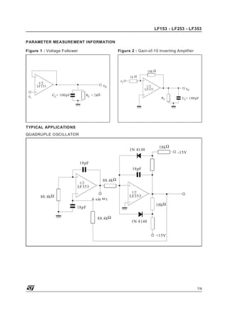 LF153 - LF253 - LF353
PARAMETER MEASUREMENT INFORMATION
Figure 1 : Voltage Follower

Figure 2 : Gain-of-10 Inverting Amplifier

10k Ω
1k Ω

-

1/2

eo

LF153

eI

-

eI

1/2

RL = 2kΩ

CL= 100pF

eo

LF153

RL

CL= 100pF

TYPICAL APPLICATIONS
QUADRUPLE OSCILLATOR

1N 4148

18kΩ
-15V

18pF
18pF
1/2

88.4kΩ
-

LF353

1/2

88.4kΩ

6 s in ω t

LF353

18kΩ

18pF
88.4kΩ

1N 4148
+15V

7/9

 
