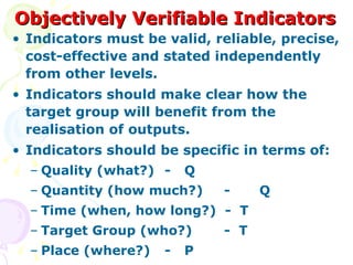 Objectively Verifiable Indicators Indicators must be valid, reliable, precise, cost-effective and stated independently from other levels. Indicators should make clear how the target group will benefit from the realisation of outputs. Indicators should be specific in terms of: Quality (what?) - Q Quantity (how much?) - Q Time (when, how long?)  -  T Target Group (who?) -  T Place (where?) - P 