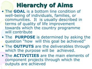 Hierarchy of Aims The  GOAL  is a bottom line condition of  well-being of individuals, families, or communities.  It  is usually described in terms of quality of life improvement  towards which the country programme  will contribute The  PURPOSE  is determined by asking the question “how  will this goal be achieved” The  OUTPUTS  are the deliverables through which the purpose will be  achieved. The  ACTIVITIES  are the main elements of component projects through which the outputs are achieved 