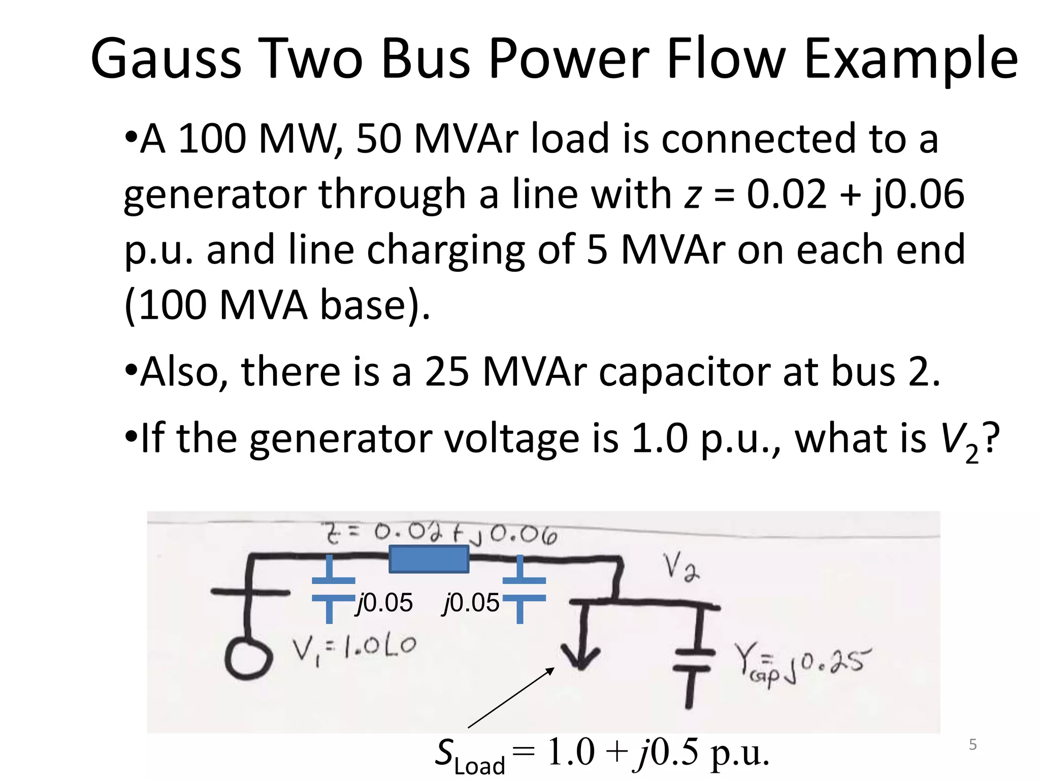 Gauss Two Bus Power Flow Example
•A 100 MW, 50 MVAr load is connected to a
generator through a line with z = 0.02 + j0.06
p.u. and line charging of 5 MVAr on each end
(100 MVA base).
•Also, there is a 25 MVAr capacitor at bus 2.
•If the generator voltage is 1.0 p.u., what is V2?
SLoad = 1.0 + j0.5 p.u. 5
j0.05 j0.05
 
