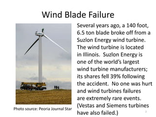 Wind Blade Failure
Photo source: Peoria Journal Star
Several years ago, a 140 foot,
6.5 ton blade broke off from a
Suzlon Energy wind turbine.
The wind turbine is located
in Illinois. Suzlon Energy is
one of the world’s largest
wind turbine manufacturers;
its shares fell 39% following
the accident. No one was hurt
and wind turbines failures
are extremely rare events.
(Vestas and Siemens turbines
have also failed.) 2
 
