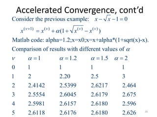 Accelerated Convergence, cont’d
( 1) ( ) ( ) ( )
Consider the previous example: 1 0
(1 )
Matlab code: alpha=1.2;x=x0;x=x+alpha*(1+sqrt(x)-x).
Comparison of results with different values of
1 1.2 1.5 2
0 1 1 1 1
1 2 2.20 2.5 3
2
v v v v
x x
x x x x

    

  
   
   
2.4142 2.5399 2.6217 2.464
3 2.5554 2.6045 2.6179 2.675
4 2.5981 2.6157 2.6180 2.596
5 2.6118 2.6176 2.6180 2.626 20
 