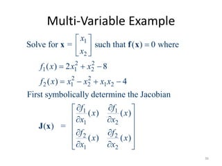 Multi-Variable Example
1
2
2 2
1 1 2
2 2
2 1 2 1 2
1 1
1 2
2 2
1 2
Solve for = such that ( ) 0 where
( ) 2 8
( ) 4
First symbolically determine the Jacobian
( ) ( )
( ) =
( ) ( )
x
x
f x x x
f x x x x x
f f
x x
x x
f f
x x
x x
 
 
 
  
   
  
  
 
  
   
x f x
J x
36
 