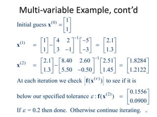 Multi-variable Example, cont’d
(0)
1
(1)
1
(2)
( )
1
Initial guess
1
1 4 2 5 2.1
1 3 1 3 1.3
2.1 8.40 2.60 2.51 1.8284
1.3 5.50 0.50 1.45 1.2122
At each iteration we check ( ) to see if it


 
  
 
       
                 
       
                
x
x
x
f x
(2)
is
0.1556
below our specified tolerance : ( )
0.0900
If = 0.2 then done. Otherwise continue iterating.


 
  
 
f x
38
 