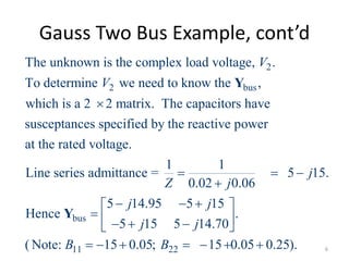 Gauss Two Bus Example, cont’d
2
2 bus
The unknown is the complex load voltage, .
To determine we need to know the ,
which is a 2 2 matrix. The capacitors have
susceptances specified by the reactive power
at the rated voltage.
Line
V
V

Y
bus
11 22
1 1
series admittance = 5 15.
0.02 0.06
5 14.95 5 15
Hence .
5 15 5 14.70
( Note: 15 0.05; 15 0.05 0.25).
j
Z j
j j
j j
B B
  

   
     
      
Y
6
 