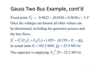 Gauss Two Bus Example, cont’d
2
* *
1 1 11 1 12 2 1 1
ˆFixed point: 0.9622 0.0556 0.9638 3.3
Once the voltages are known all other values can
be determined, including the generator powers and
the line flows.
ˆ( ) 1.023 0.239 ,
V j
S V Y V Y V j P jQ
     
     
1 1
2
2
In actual units 102.3 MW, 23.9 MVAr
The capacitor is supplying 25 23.2 MVAr
P Q
V
 

8
 