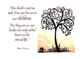 “Our death is notnotnotnot an
endendendend, if we can live on in
our children.
For they are us, our
bodies are only wiltedbodies are only wilted
leaves on the
tree of lifetree of lifetree of lifetree of life.”
TÄuxÜà X|Çáàx|Ç
 