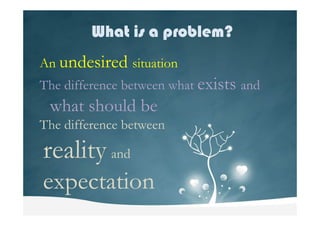 What is a problem?What is a problem?What is a problem?What is a problem?
An undesired situation
The difference between what exists and
what should bewhat should be
The difference between
reality and
expectation
 