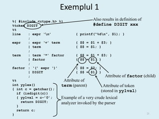 Exemplul 1
%{ #include <ctype.h> %}
                                          Also results in definition of
%token DIGIT                             #define DIGIT xxx
%%
line    : expr ‘n’             { printf(“%dn”, $1); }
        ;
expr    : expr ‘+’ term         { $$ = $1 + $3; }
        | term                  { $$ = $1; }
        ;
term    : term ‘*’ factor       { $$ = $1 * $3; }
        | factor                { $$ = $1; }
        ;
factor : ‘(’ expr ‘)’           { $$ = $2; }
        | DIGIT                 { $$ = $1; }
        ;                                        Attribute of factor      (child)
%%                       Attribute of
int yylex()             term (parent)          Attribute of token
{ int c = getchar();
                                              (stored in yylval)
   if (isdigit(c))
   { yylval = c-’0’;    Example of a very crude lexical
     return DIGIT;      analyzer invoked by the parser
   }
   return c;
}                                                                          21
 
